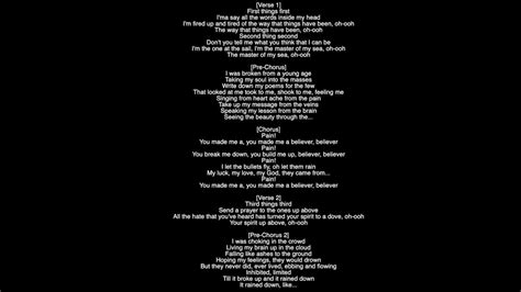 Believer Lyrics by Imagine Dragons from the custom_album_5959434 album - including song video, artist biography, translations and more: First things first I'ma say all the words inside my head I'm fired up and …